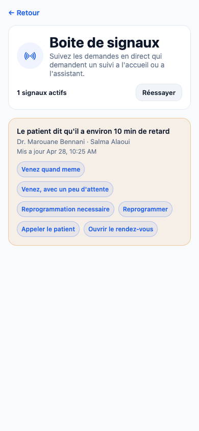 Boîte de signaux ClinicOps depuis l'application de démo seedée