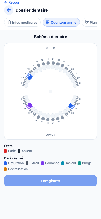 Écran odontogramme ClinicOps depuis l'application de démo seedée