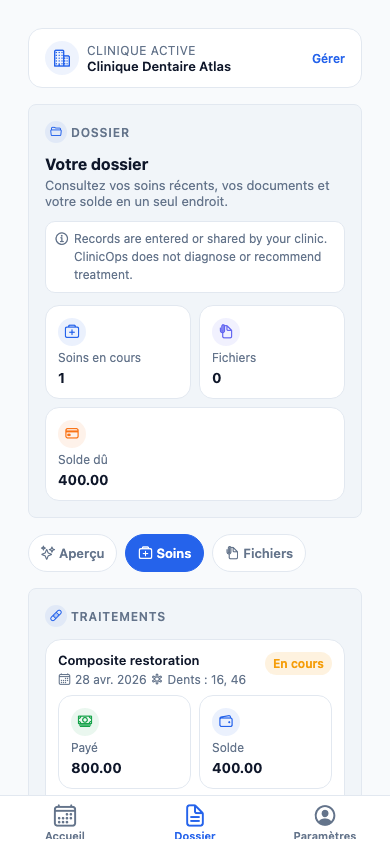Écran dossier patient ClinicOps depuis l'application de démo seedée